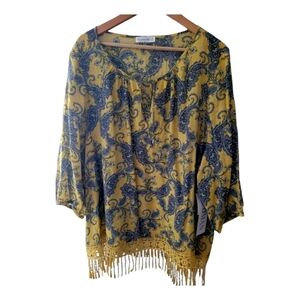 Retrology Woman Long Tunic Blouse with Lace Trim Yellow and Gray Paisley Size 2X
